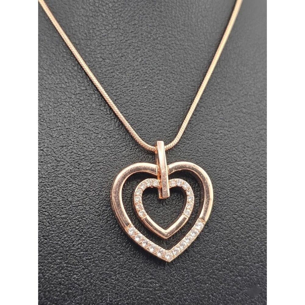 Double Heart Pendant Necklace Glass Crystals Rose Gold Tone Snake Chain 18"